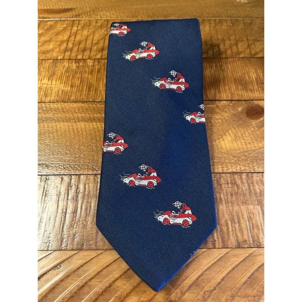 1950s Mens Tie 4” Navy Graphic Silk Blend Race Car Flag Speedway INDY 500 Driver